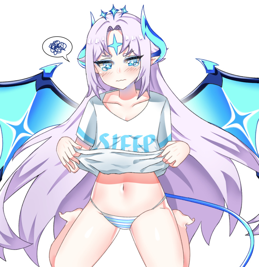 +_+ barefoot blue_eyes blue_horns blue_wings blush closed_mouth clothes_lift collarbone commentary_request cookiegoon demon_tail demon_wings elsword embarrassed facial_mark female floating_hair grey_hair highres horns ishtar_(elsword) lifting_own_clothes long_hair looking_at_viewer luciela_r._sourcream midriff navel panties pointy_ears print_shirt shirt shirt_lift short_sleeves simple_background sitting solo speech_bubble stomach striped_clothes striped_panties tail tears underwear very_long_hair wariza white_background white_shirt wings