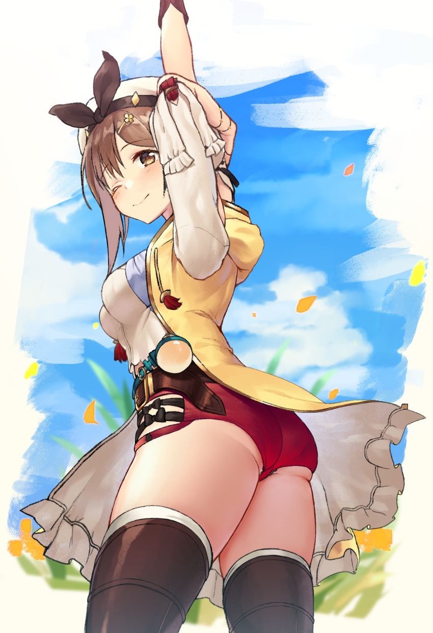 arm_up ass atelier_(series) atelier_ryza atelier_ryza_1 black_panties blue_sky blush brown_eyes brown_hair closed_mouth cloud commentary_request day female grass hair_ornament hairclip hat highres okamen one_eye_closed outdoors panties panty_peek petals red_shorts reisalin_stout short_hair short_shorts shorts sky smile solo standing thighhighs thighs underwear white_hat white_thighhighs