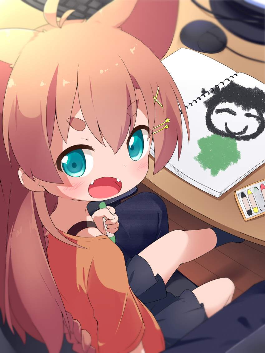 :d ahoge animal_ears aqua_eyes black_legwear black_skirt blurry blurry_background blush braid brown_hair chair child's_drawing commentary computer_keyboard computer_mouse crayon extra_ears fangs female hair_between_eyes hair_ornament hairclip highres holding holding_crayon lolicon long_hair looking_at_viewer looking_to_the_side makuran momiji_(makuran) monitor on_chair open_mouth orange_shirt original pov shared_chair shirt short_eyebrows short_sleeves sitting sketchbook skirt smile socks solo_focus swinging_legs table thick_eyebrows wooden_floor x_hair_ornament