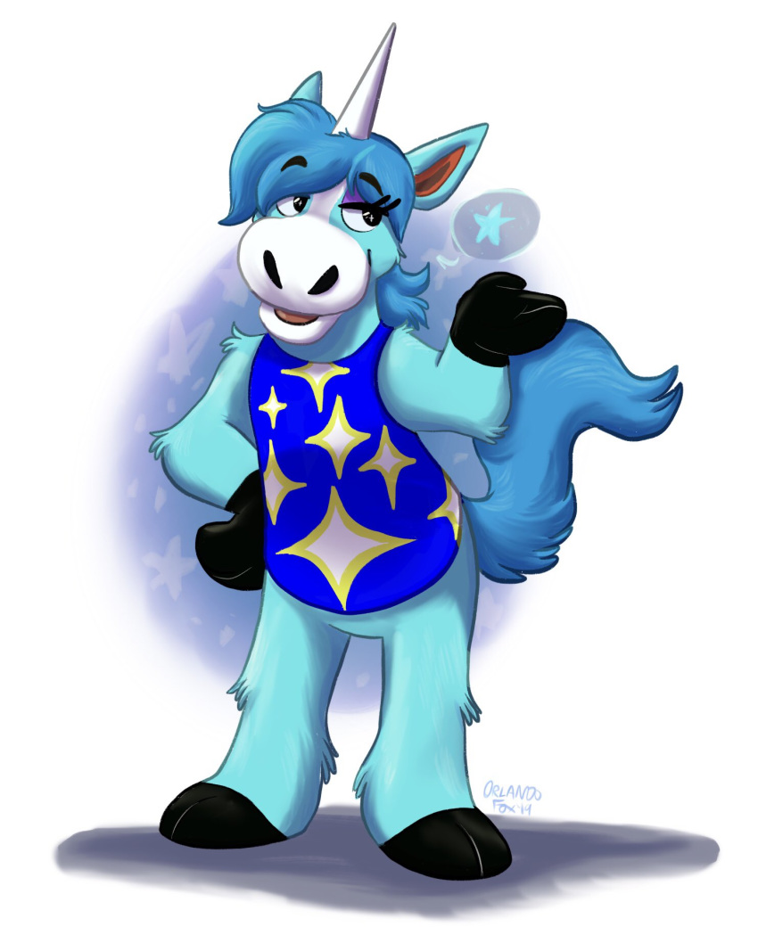 2019 animal_crossing anthro blue_hair cc-by-nc-nd clothed clothing creative_commons equid equine hair hi_res horn julian_(animal_crossing) male mammal mythological_creature mythological_equine mythology nintendo orlandofox simple_background unicorn