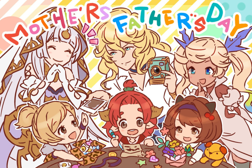 1boy 5girls ardora black_hair blonde_hair blue_eyes brown_eyes brown_hair camera candy closed_eyes commentary_request draph echidna_(granblue_fantasy) elbow_gloves flower food gloves granblue_fantasy hair_ornament hairband horns io_(granblue_fantasy) letter long_hair multiple_girls naoise official_art photo_(object) polaroid polaroid_camera ponytail red_hair short_hair smile stuffed_animal stuffed_toy twintails veil white_hair writing yae_(granblue_fantasy) yaia_(granblue_fantasy)