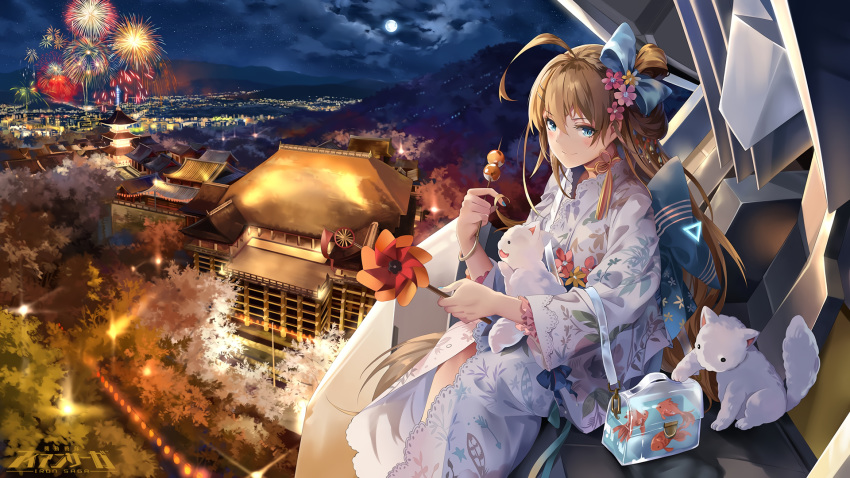 animal brown_hair building clouds feline fireworks fish flowers food green_eyes japanese_clothes jidong_zhandui kimono long_hair moon night sky tagme_(artist) tagme_(character) tree