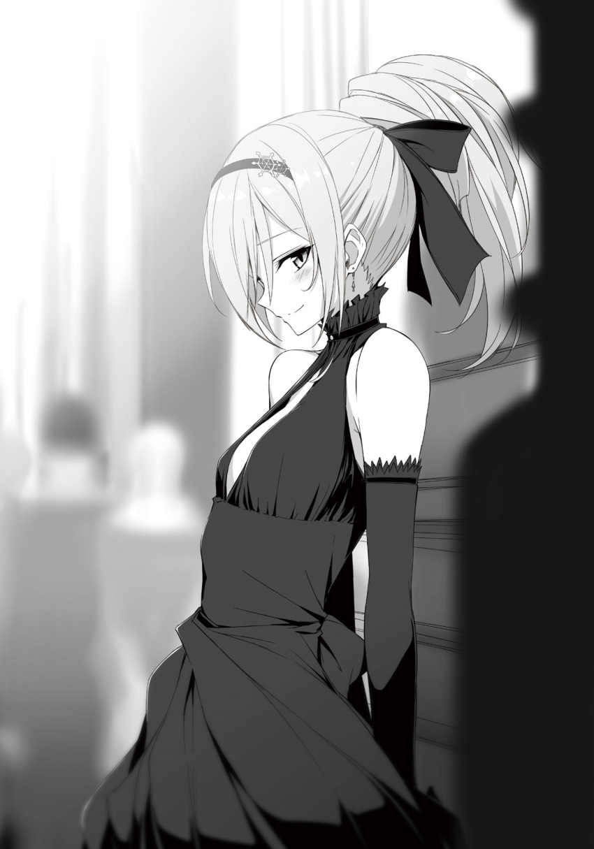 blurry blurry_background blurry_foreground blush bow breasts cleavage detached_sleeves dress earrings evening_gown female from_side greyscale hair_between_eyes hair_ornament hairband hairbow high_ponytail highres jewelry kasuga_ayumu_(haruhipo) krulcifer_einfolk long_hair long_sleeves looking_at_viewer monochrome non-web_source novel_illustration official_art photoshop_(medium) profile saijaku_muhai_no_bahamut sleeveless sleeveless_dress small_breasts smile snowflake_hair_ornament solo standing