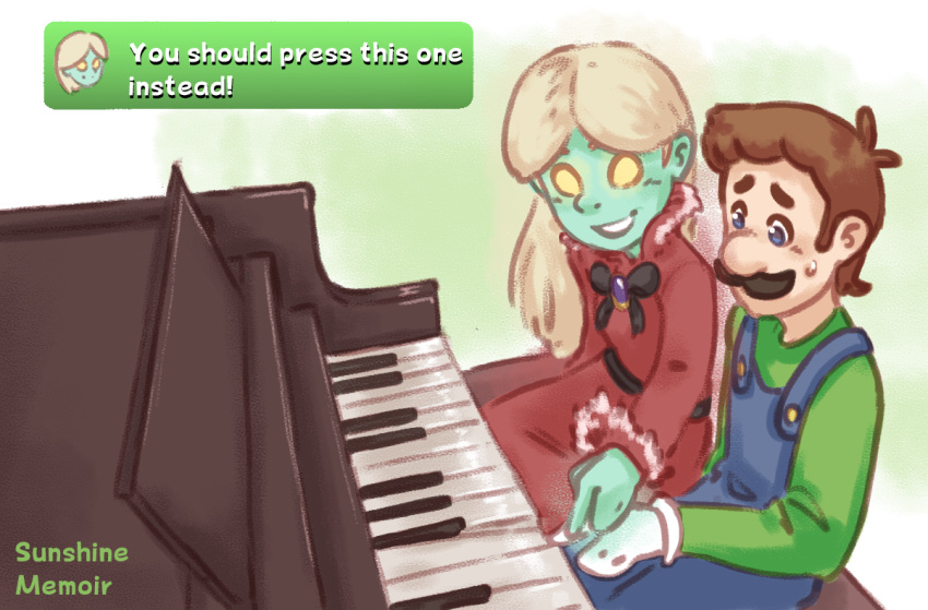 1boy black_bow blue_eyes blue_overalls blue_skin bow brown_hair colored_skin commentary dress english_commentary english_text facial_hair female ghost gloves green_shirt instrument khiuly long_hair long_sleeves luigi luigi's_mansion mario_(series) melody_pianissima moustache overalls piano platinum_blonde_hair red_dress shirt short_hair sitting smile sweat white_gloves yellow_eyes