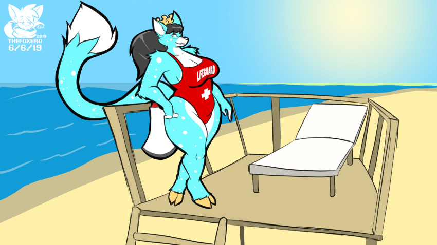 16:9 2019 anthro antlers beach big_breasts black_hair blue_body blue_fur breasts chair cleavage clothed clothing deer domestic_cat eyewear felid feline felis female fluffy fluffy_tail fully_clothed fur furniture glasses hair hi_res hooves horn hybrid lifeguard long_hair long_tail mammal one-piece_swimsuit one_piece ponytail rylie_(hypernovagm) sand seaside solo swimwear tail text text_on_clothing text_on_swimwear thefoxsista thick_thighs water wide_hips widescreen