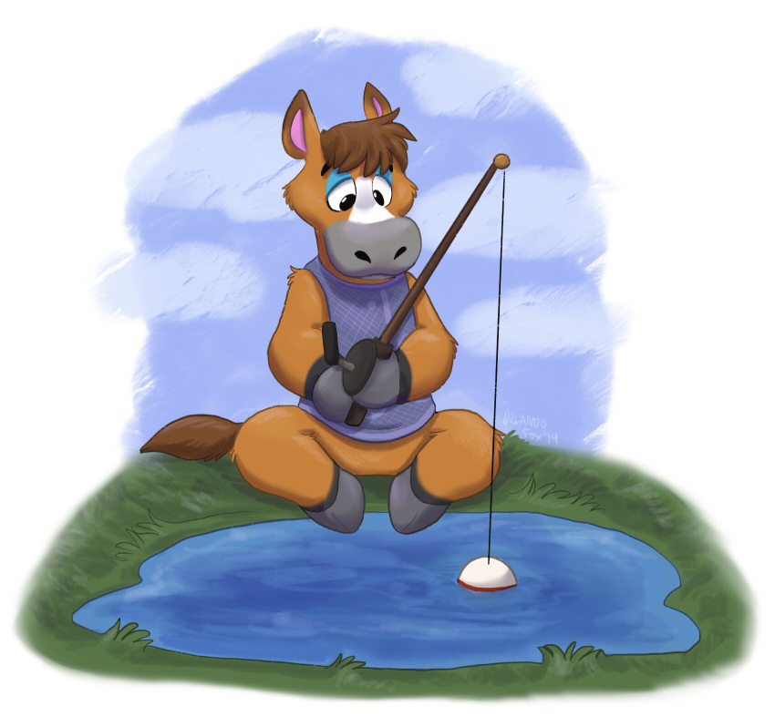 2019 animal_crossing cc-by-nc-nd creative_commons elmer_(animal_crossing) equid equine fishing_rod hi_res mammal nintendo orlandofox simple_background water