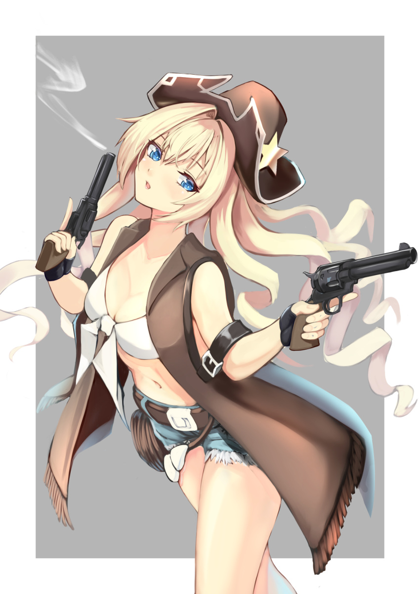 aged_up arm_belt belt bikini bikini_top_only black_belt black_gloves blonde_hair blue_eyes blush breasts brown_belt brown_hat cleavage coat colt_revolver_(girls'_frontline) commentary cowboy_hat cowboy_shot cowboy_western denim denim_shorts english_commentary female fingerless_gloves front-tie_top girls'_frontline gloves gun hair_between_eyes handgun hat highres holding holding_gun holding_weapon long_hair medium_breasts midriff navel open_mouth revolver ringlets sheriff_badge short_shorts shorts sidelocks sleeveless sleeveless_coat solo star_(symbol) swimsuit trigger_discipline two-tone_background weapon whip x_ace_k_x