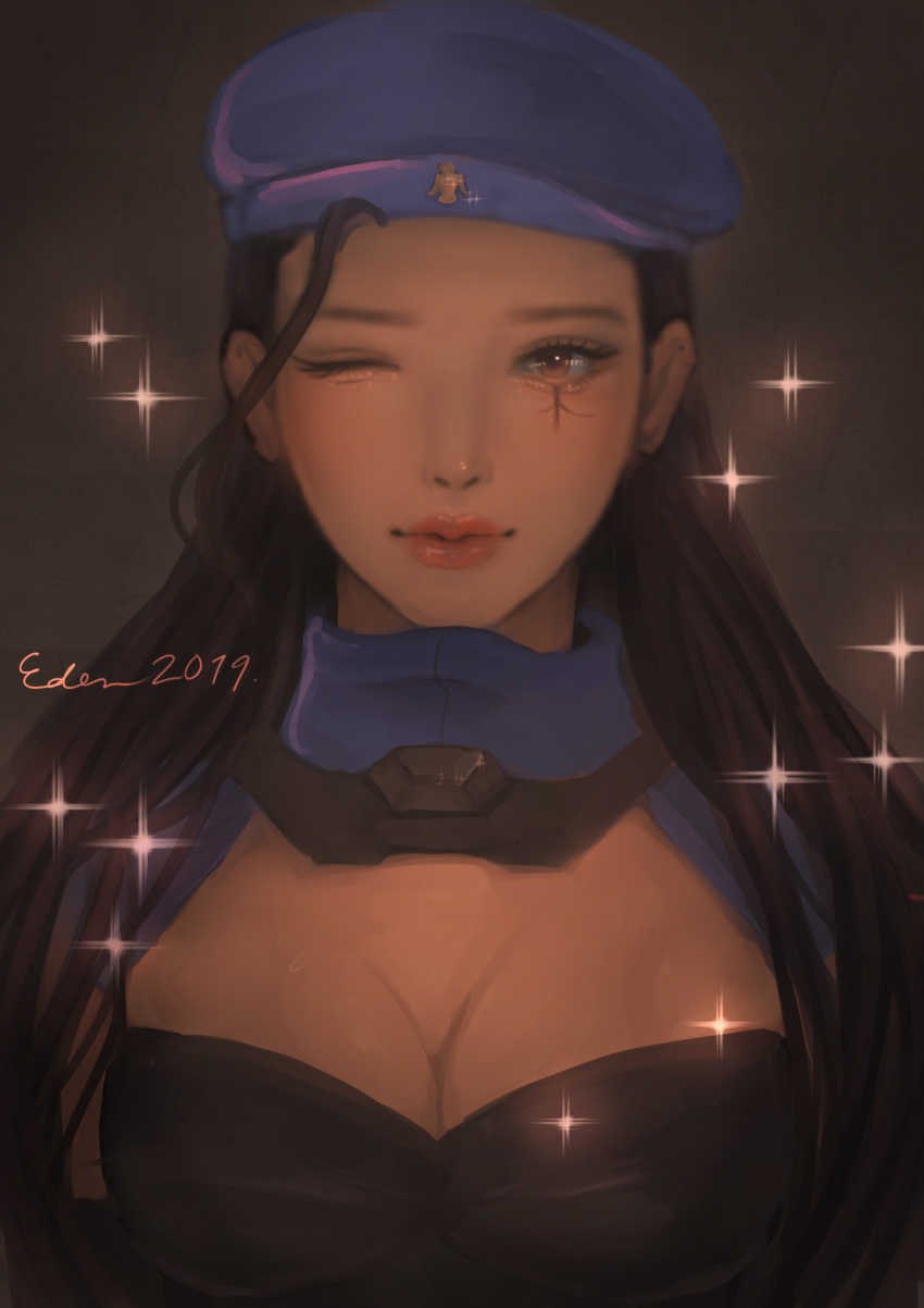 2019 absurdres aged_down ana_(overwatch) artist_name beret black_hair breasts brown_eyes captain_amari cleavage cleavage_cutout clothing_cutout commentary dark-skinned_female dark_skin eden_(edensarcade) english_commentary eye_of_horus eyelashes facial_tattoo female hat highres lips lipstick long_hair looking_at_viewer makeup medium_breasts nose official_alternate_costume one_eye_closed overwatch overwatch_1 signature solo sparkle straight_hair tattoo uniform