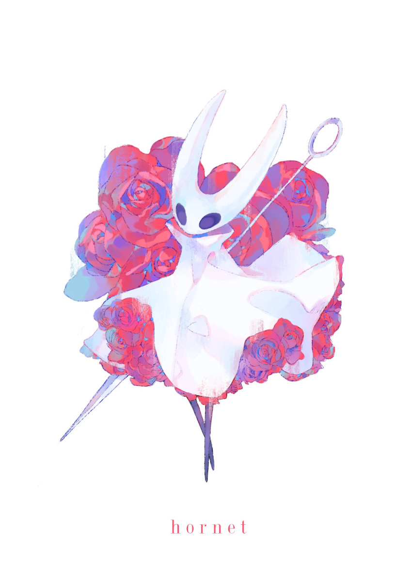 absurdres bad_id bad_twitter_id bug character_name cloak female flower fortisselle full_body highres hollow_eyes hollow_knight hornet_(hollow_knight) horns needle needle_(hollow_knight) no_humans red_flower red_rose rose simple_background solo weapon white_background white_cloak