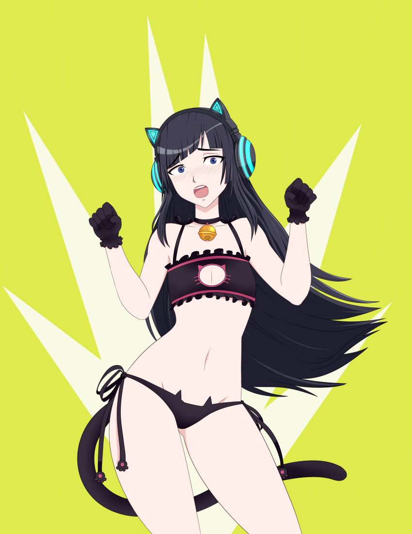 absurdres animal_ear_headphones animal_ears ass_visible_through_thighs bare_shoulders bell black_bra black_gloves black_hair black_panties blue_eyes blush bra breasts cat_cutout cat_ear_headphones cat_ear_panties cat_ears cat_lingerie cat_tail choker cleavage_cutout clothing_cutout collarbone commission commissioner_upload contrapposto cowboy_shot eyebrows fake_animal_ears female flat_chest flcl flcl_progressive frilled_bra frills full-face_blush gloves groin headphones hibajiri_hidomi highres jingle_bell kemonomimi_mode long_hair looking_at_viewer m-a-v-e-r-i-c-k meme_attire navel neck_bell non-web_source open_mouth panties side-tie_panties simple_background solo standing tail underwear underwear_only yellow_background