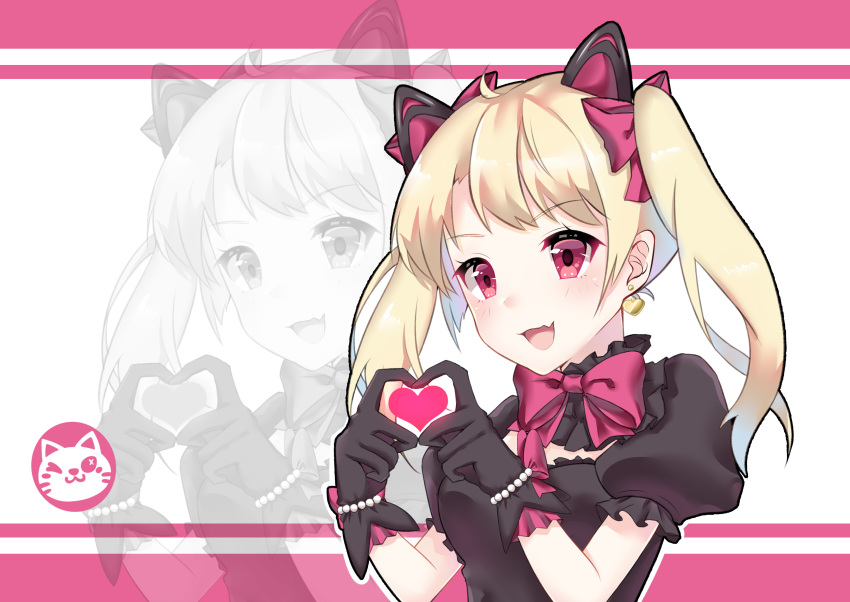 :d animal_ears bead_bracelet beads black_cat_d.va black_dress black_gloves blonde_hair bow bowtie bracelet breasts cat_ears chinese_commentary commentary d.va_(overwatch) dress earrings extra_ears female frilled_dress frills gloves heart heart_earrings heart_hands highres jewelry lolita_fashion looking_to_the_side medium_breasts medium_hair official_alternate_costume open_mouth overwatch overwatch_1 pink_bow pink_eyes puffy_short_sleeves puffy_sleeves short_sleeves smile solo twintails wrist_bow yizhi_jiandan