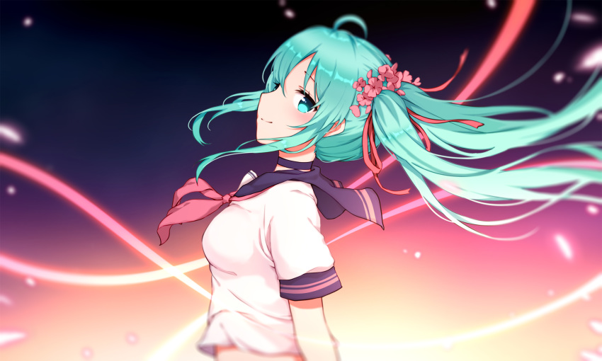 ahoge blue_eyes blue_hair blue_sailor_collar blurry closed_mouth commentary english_commentary female floating_hair flocflower flower from_side hair_between_eyes hair_flower hair_ornament hair_ribbon hatsune_miku highres long_hair neckerchief pink_flower profile red_neckerchief red_ribbon ribbon sailor_collar school_uniform serafuku shirt short_sleeves smile solo upper_body very_long_hair vocaloid white_shirt