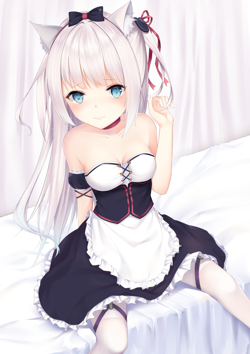 absurdres animal_ear_fluff animal_ears apron azur_lane bare_shoulders bed black_bow black_dress black_sleeves blue_eyes blush bow breasts cat_ears cat_hair_ornament choker closed_mouth collarbone detached_sleeves dress female frilled_apron frills grey_hair hair_ornament hair_ribbon hammann_(azur_lane) hammann_(retrofit)_(azur_lane) hand_up highres karin_(fineyanny) long_hair looking_at_viewer on_bed one_side_up pantyhose puffy_short_sleeves puffy_sleeves red_choker red_ribbon ribbon short_sleeves sidelocks sitting small_breasts solo strapless strapless_dress very_long_hair waist_apron white_apron white_pantyhose