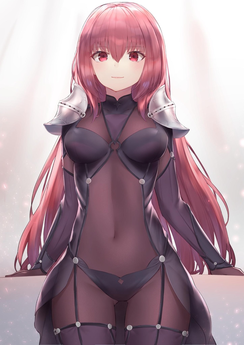 arm_support armor bodysuit breasts closed_mouth commentary_request covered_navel fate/grand_order fate_(series) female hair_intakes highres large_breasts leotard long_hair looking_at_viewer pauldrons purple_bodysuit purple_hair purple_leotard red_eyes reuri_(tjux4555) scathach_(fate) shoulder_armor smile solo white_background