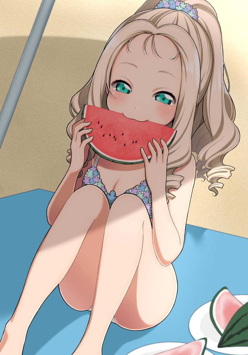 absurdres bad_id bad_pixiv_id barefoot beach bikini blanket blonde_hair blue_bikini blush breasts cleavage closed_mouth commentary drill_hair eating female food fruit girls_und_panzer green_eyes hair_ornament hair_up half-closed_eyes highres holding holding_food holding_fruit holding_watermelon legs long_hair looking_at_viewer marie_(girls_und_panzer) medium_breasts plate ponytail ruruepa shade sitting smile solo swimsuit watermelon