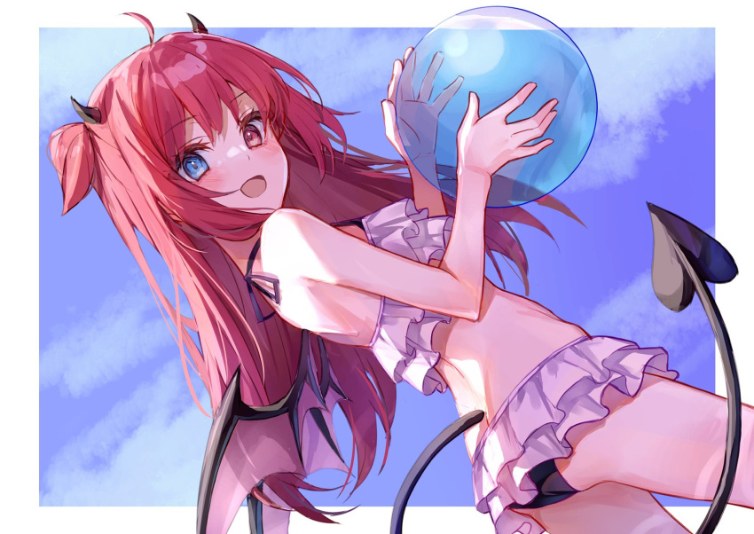 ahoge ball beachball bikini bikini_day black_wings blue_eyes blush commentary_request demon_tail demon_wings doze_(tyko102) female frilled_bikini frills heterochromia highres holding holding_ball holding_beachball long_hair nijisanji open_mouth red_eyes red_hair smile solo swimsuit tail two_side_up virtual_youtuber white_bikini wings yuzuki_roa