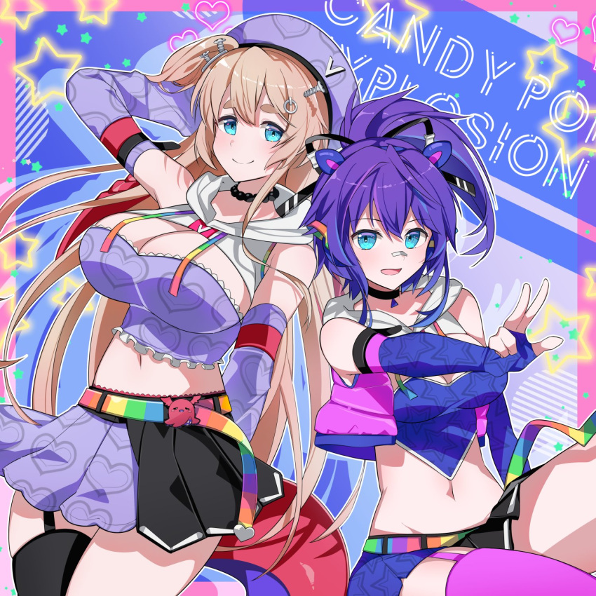 2girls arm_behind_head bandaid bandaid_on_face bandaid_on_nose bare_shoulders black_choker black_ribbon black_thighhighs blonde_hair blue_eyes breasts choker cleavage cropped_hoodie elbow_gloves fingerless_gloves frilled_tube_top frills gloves hair_ornament hair_ribbon heart heart_print highres hime_hajime hood hoodie idol_clothes large_breasts long_hair looking_at_viewer medium_breasts melody_(projektmelody) miniskirt multiple_girls navel object_through_head open_mouth pink_thighhighs pleated_skirt ponytail purple_hair ribbon screw_in_head single_thighhigh skirt smile star_(symbol) star_print strapless thick_eyebrows thighhighs tobio_illust tube_top v virtual_youtuber vshojo vshojo_idol_uniform_(candy_pop) white_hoodie