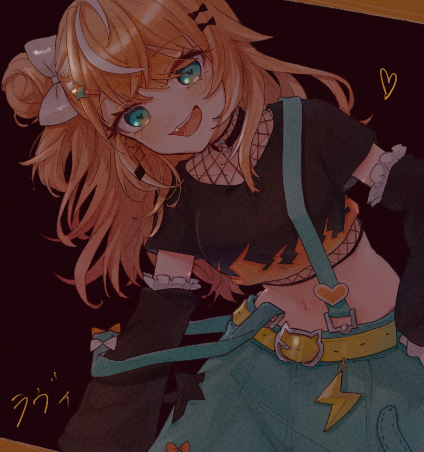 aqua_eyes aqua_skirt belt black_choker blonde_hair bow choker commentary_request crop_top detached_sleeves female fishnet_top fishnets frilled_sleeves frills hair_bun hair_ornament hairbow hairclip heart highres igarashi_rika kikiki_(3k) long_hair multicolored_hair nijisanji open_mouth single_side_bun skirt smile solo streaked_hair suspender_skirt suspenders virtual_youtuber white_bow white_hair yellow_belt