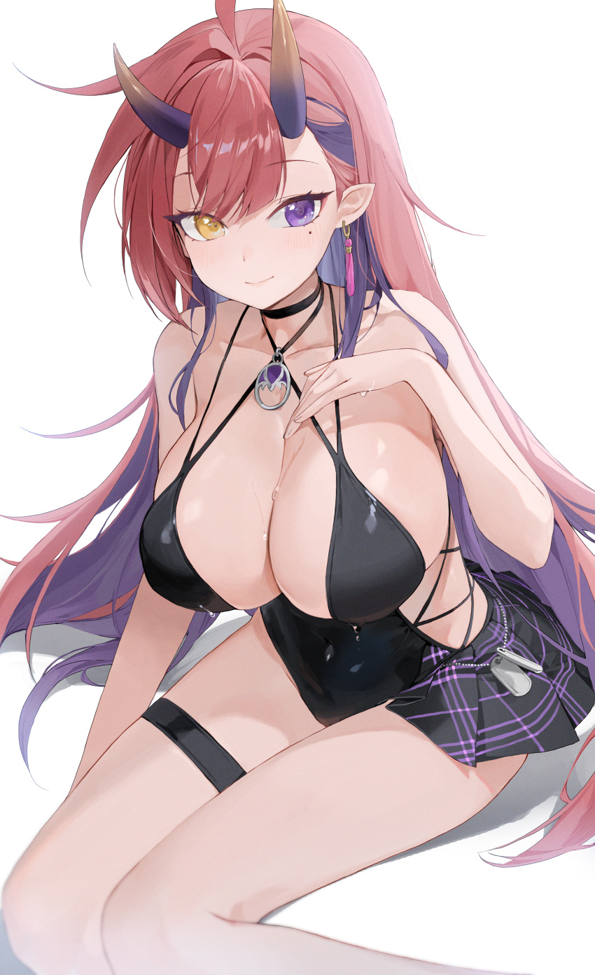 absurdres ahoge bare_arms bare_shoulders black_choker black_dress breasts choker choyeon cleavage closed_mouth criss-cross_halter dress earrings female halter_dress halterneck hand_on_own_chest hand_up heterochromia highres horns jewelry kurenai_natsuki_(vtuber) large_breasts long_hair looking_at_viewer mole mole_under_eye multi-strapped_dress multicolored_hair no_bra oni_horns pink_hair pointy_ears purple_eyes purple_hair showgirl_skirt sideless_outfit sitting skindentation sleeveless sleeveless_dress smile solo spaghetti_strap stardays sweat thigh_strap thighs two-tone_hair very_long_hair virtual_youtuber yellow_eyes