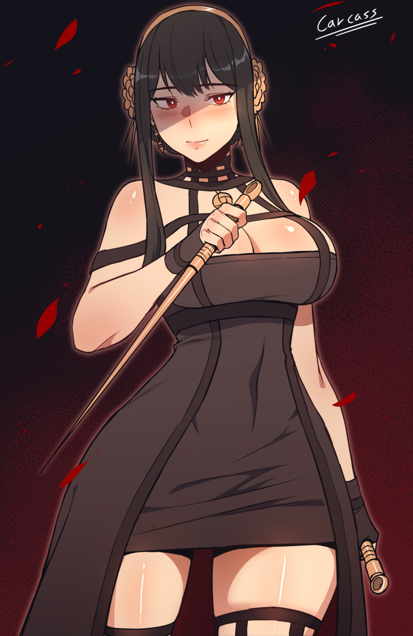 bad_id bad_pixiv_id black_dress black_hair breasts carcass_(artist) cleavage dagger dress dual_wielding earrings female gold_earrings gold_hairband hairband highres holding holding_dagger holding_knife holding_weapon jewelry knife large_breasts looking_at_viewer red_eyes sidelocks solo spy_x_family stiletto_(weapon) two-sided_dress two-sided_fabric weapon yor_briar