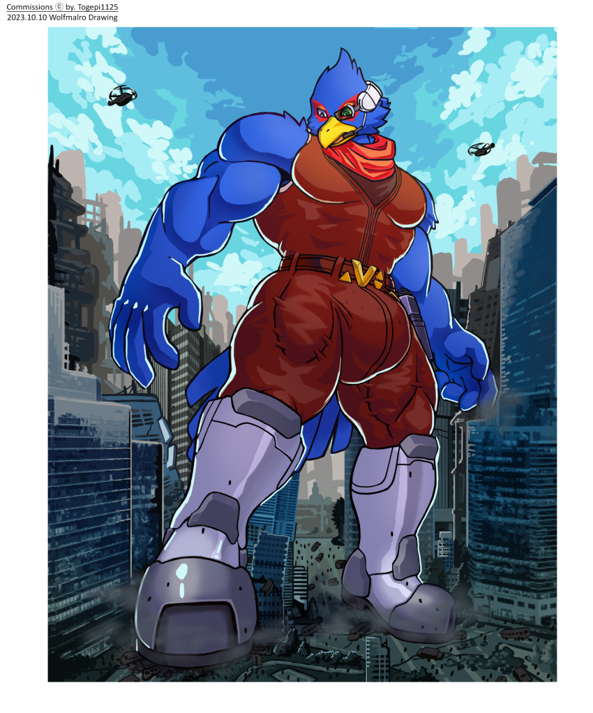 absurd_res aircraft anthro avian bird blue_body boots building bulge city clothing destruction falco_lombardi footwear helicopter hi_res macro male muscular muscular_male nintendo scarf solo star_fox stomping vehicle wolfmalro