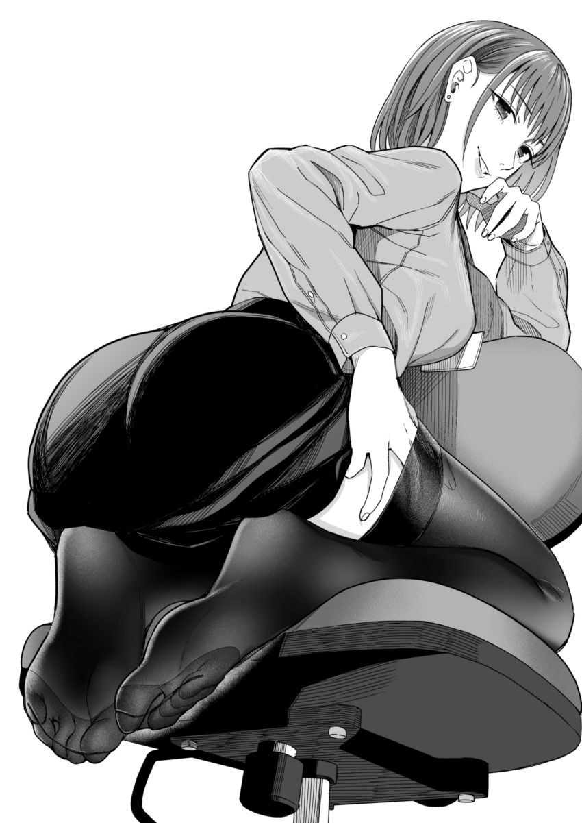 absurdres ass bob_cut breasts chair earrings fanged_bangs feet female fine_fabric_emphasis foot_focus from_behind full_body greyscale hand_on_own_thigh hand_up highres jewelry kyuuso_inukami long_sleeves looking_at_viewer looking_back medium_breasts medium_hair miniskirt monochrome name_tag no_shoes office_chair office_lady on_chair original parted_lips seiza simple_background sitting skirt soles solo stud_earrings swivel_chair thighhighs thighs toes zettai_ryouiki