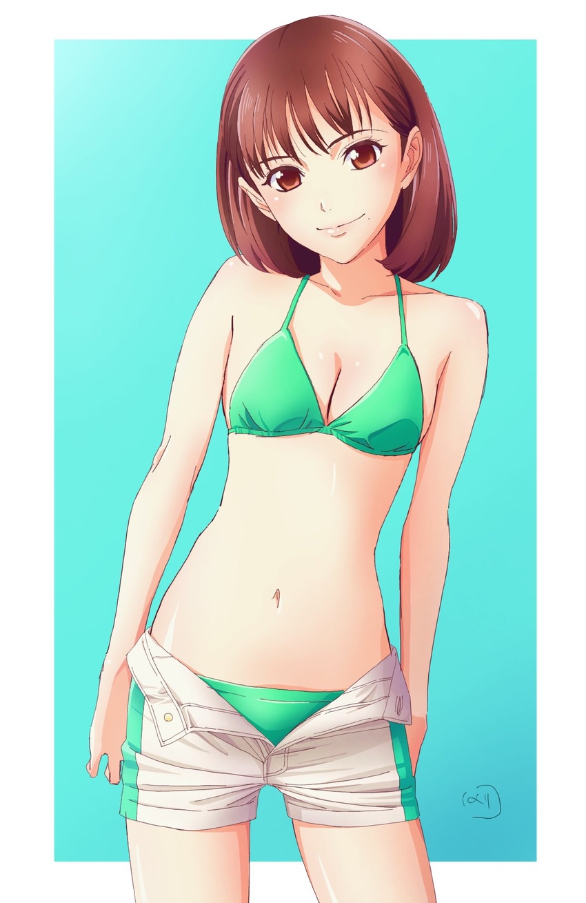 animification bikini breasts brown_eyes brown_hair cleavage closed_mouth commentary_request female green_bikini hayami_sena highres lips long_hair looking_at_viewer mashin_sentai_kiramager mole mole_under_mouth navel nori_(norimakigumo) smile solo standing super_sentai swimsuit undressing