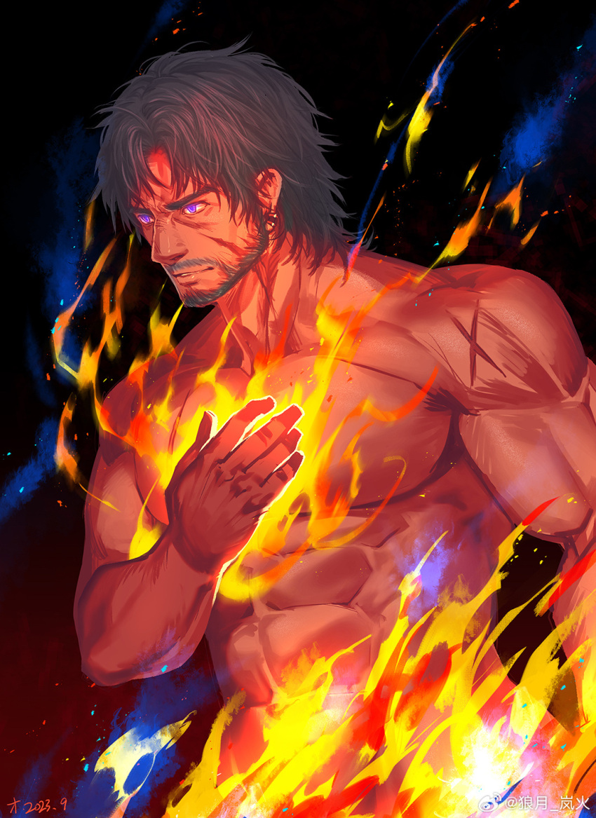 1boy abs bara black_hair burning clive_rosfield cowboy_shot final_fantasy final_fantasy_xvi fire from_side glowing glowing_eyes grey_hair hand_on_own_chest highres large_pectorals looking_ahead lrpanda00 male_focus mature_male muscular muscular_male pectorals purple_eyes sanpaku short_hair solo strongman_waist thick_eyebrows