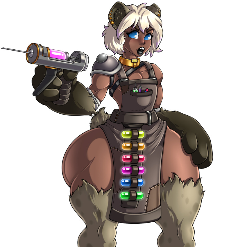 1:1 2023 4_fingers adjatha animal_humanoid apron arm_tuft black_lipstick blonde_hair blue_eyes brown_body brown_fur clothing collar ear_piercing fingers fur hair hi_res humanoid hyena hyena_humanoid hyrax_(tits) leg_tuft lipstick looking_at_viewer makeup male mammal mammal_humanoid piercing shoulder_pads simple_background solo standing story story_in_description syringe syringe_gun thick_thighs trials_in_tainted_space tuft vial white_background wide_hips yellow_collar