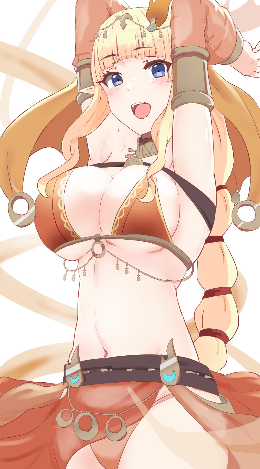 absurdres armpits arms_up bare_shoulders belt bikini blonde_hair blue_eyes blunt_bangs blush bracelet breasts circlet cleavage dancer ekaki_kukuma elf female fire_hair_ornament hair_ornament highres jewelry large_breasts long_hair looking_at_viewer navel neck_ring o-ring official_alternate_costume open_mouth orange_bikini pointy_ears princess_connect! saren_(princess_connect!) saren_(sarasaria)_(princess_connect!) sarong sidelocks smile solo stomach swimsuit veil