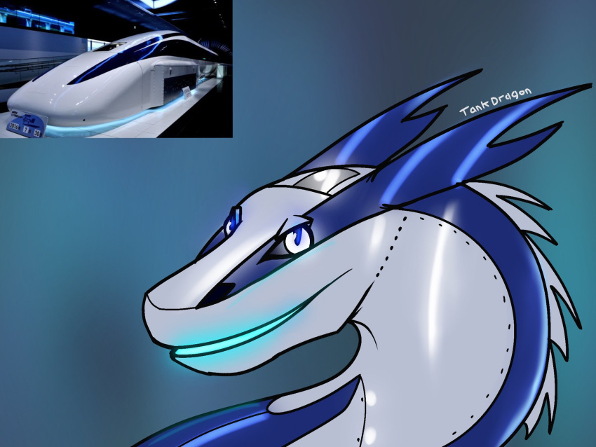 2023 2_horns 4:3 ambiguous_gender artist_name back_spikes blue_background blue_horn blue_markings blue_mouth blue_pupils digital_drawing_(artwork) digital_media_(artwork) dragon feral forked_horn glowing glowing_mouth headshot_portrait hi_res horn how_to_dragon_your_train hybrid japan japanese living_machine living_train living_vehicle locomorph machine maglev markings meme metallic_body multicolored_body mythological_creature mythological_scalie mythology photo portrait pupils reference_image reptile rivets scalie scmaglev scmaglev_mlx01 simple_background smile smooth_horn solo spikes spikes_(anatomy) tankdragon train two_tone_body vehicle white_body white_spikes