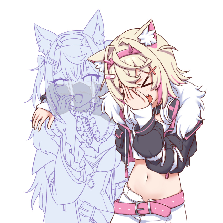 >_< 2girls :d animal_ear_fluff animal_ears arm_around_shoulder belt black_collar black_jacket blonde_hair blue_hairband breasts chains cleavage cleavage_cutout clothing_cutout collar commentary crop_top cropped_jacket cropped_shirt dog_ears dog_girl dress fangs frills fur-trimmed_jacket fur_trim fuwawa_abyssgard fuwawa_abyssgard_(1st_costume) hair_ornament hairband hairclip highres hololive hololive_english jacket large_breasts laughing_girls_(meme) long_hair looking_to_the_side medium_hair meme midriff mococo_abyssgard mococo_abyssgard_(1st_costume) multicolored_hair multiple_girls navel open_mouth pink_belt pink_hair pink_hairband shirt short_hair siblings simple_background sisters smile spiked_collar spikes stomach streaked_hair twins two_side_up upper_body virtual_youtuber white_background white_dress white_shirt wool_(miwol) x_hair_ornament