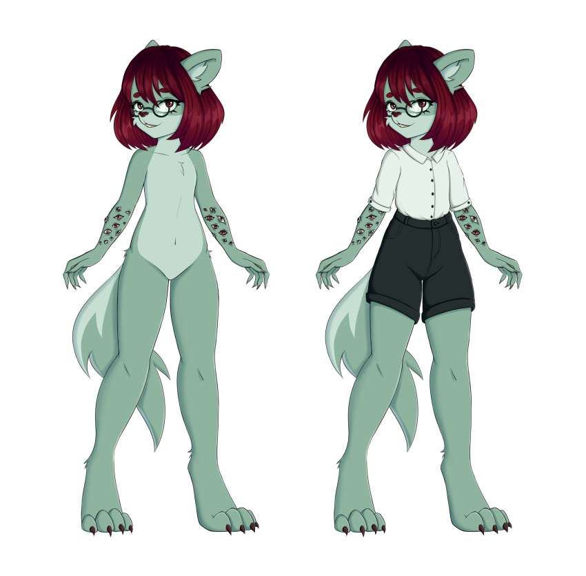 absurd_res anthro badger bottomwear claws clothing duo eyewear fan_character female glasses hi_res honey_badger mammal model_sheet mustelid musteline shorts tail tanatos_aaa