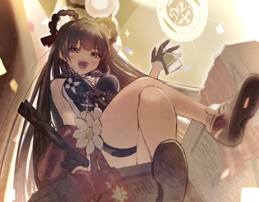 bare_shoulders braid braided_hair_rings brown_hair china_dress chinese_clothes dress earrings female flower gloves goddess_of_victory:_nikke hair_ribbon hair_rings hand_fan highres holding holding_fan indoors jewelry legs long_hair mutsui red_eyes ribbon shoes sitting sneakers solo thigh_strap thighs twin_braids very_long_hair white_flower yan_(nikke)