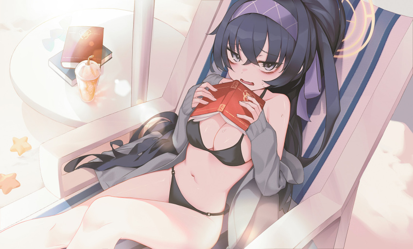 bags_under_eyes bikini black_bikini black_hair blue_archive book breasts commentary drink drinking_straw female grey_jacket h2o_(dfo) hair_between_eyes hairband halterneck highres holding holding_book jacket long_hair long_sleeves looking_at_viewer medium_breasts navel open_clothes open_jacket open_mouth purple_eyes purple_hairband sitting solo string_bikini swimsuit ui_(blue_archive) ui_(swimsuit)_(blue_archive) very_long_hair