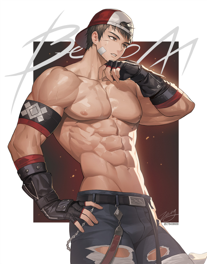 1boy abs absurdres backwards_hat bandaid bandaid_on_cheek bandaid_on_face bara baseball_cap belt beom_liben black_belt black_gloves black_hair black_pants character_name fingerless_gloves gloves hat highres large_pectorals male_focus muscular muscular_male navel nipples original pants pectorals scar scar_on_cheek scar_on_face short_hair solo topless_male zerg_(z79438659)