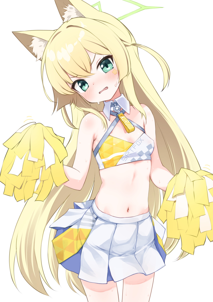 absurdres alternate_costume animal_ear_fluff animal_ears blonde_hair blue_archive blush breasts cheerleader commentary_request cowboy_shot criss-cross_halter detached_collar female fox_ears fox_girl green_eyes green_halo hair_between_eyes halo halterneck hands_up head_tilt highres holding holding_pom_poms kurumi_(blue_archive) long_hair looking_at_viewer midriff millennium_cheerleader_outfit_(blue_archive) miniskirt navel parted_lips partial_commentary pleated_skirt pom_pom_(cheerleading) simple_background skirt small_breasts solo sota sports_bra sweat two-tone_sports_bra two_side_up very_long_hair white_background