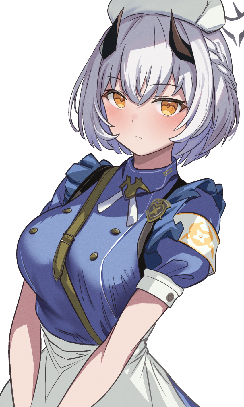 belt black_halo black_horns blue_archive blue_shirt blush braid breasts brown_belt closed_mouth female halo hat highres horns looking_at_viewer metsu_end puffy_short_sleeves puffy_sleeves sena_(blue_archive) shirt short_hair short_sleeves solo white_hair white_hat yellow_eyes