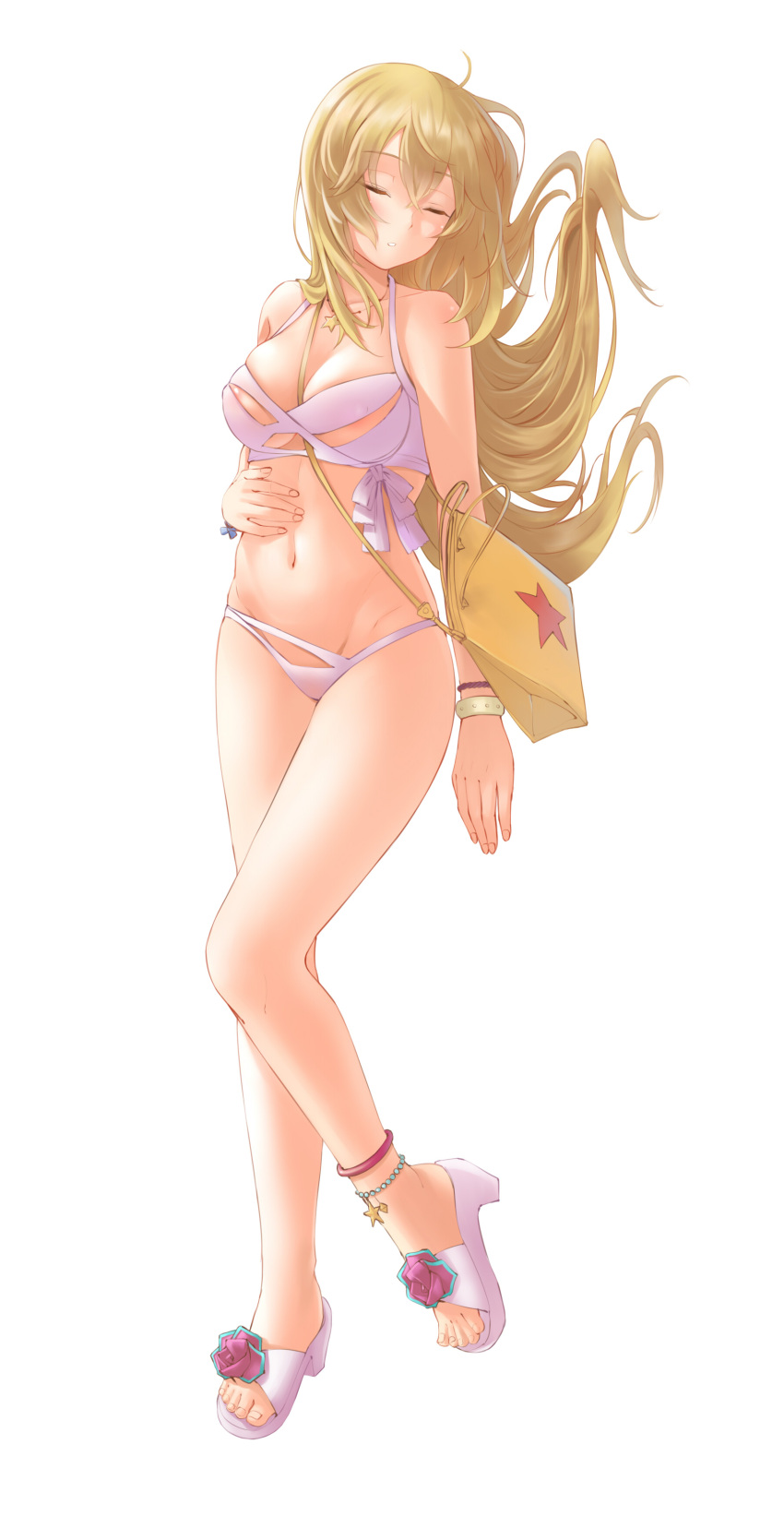 absurdres anklet bag bikini blonde_hair bracelet breasts closed_eyes commission female full_body hand_on_own_stomach handbag highres jewelry kanogawa_hiro large_breasts long_hair navel necklace official_alternate_costume pink_bikini sandals shokuhou_misaki sideways solo star_(symbol) star_necklace swimsuit toaru_kagaku_no_mental_out toaru_kagaku_no_railgun toaru_majutsu_no_index toaru_majutsu_no_index:_imaginary_fest toes