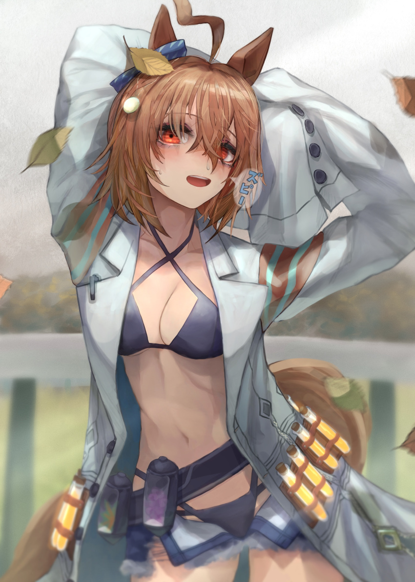 absurdres adapted_costume agnes_tachyon_(lunatic_lab)_(umamusume) agnes_tachyon_(umamusume) ahoge animal_ears arm_behind_head arms_up autumn autumn_leaves bags_under_eyes bikini bikini_under_clothes blurry blurry_foreground breasts brown_hair coat cold collarbone commentary_request cowboy_shot day denim denim_shorts empty_eyes eyelashes female hair_between_eyes highres horse_ears horse_girl lab_coat leaf leaf_on_head leaning_to_the_side long_sleeves medium_breasts navel open_clothes open_coat open_fly open_mouth open_shorts outdoors red_eyes short_shorts shorts sleeves_past_fingers sleeves_past_wrists smile snot solo stomach sweat swimsuit tonariuta torn_clothes torn_shorts umamusume white_coat