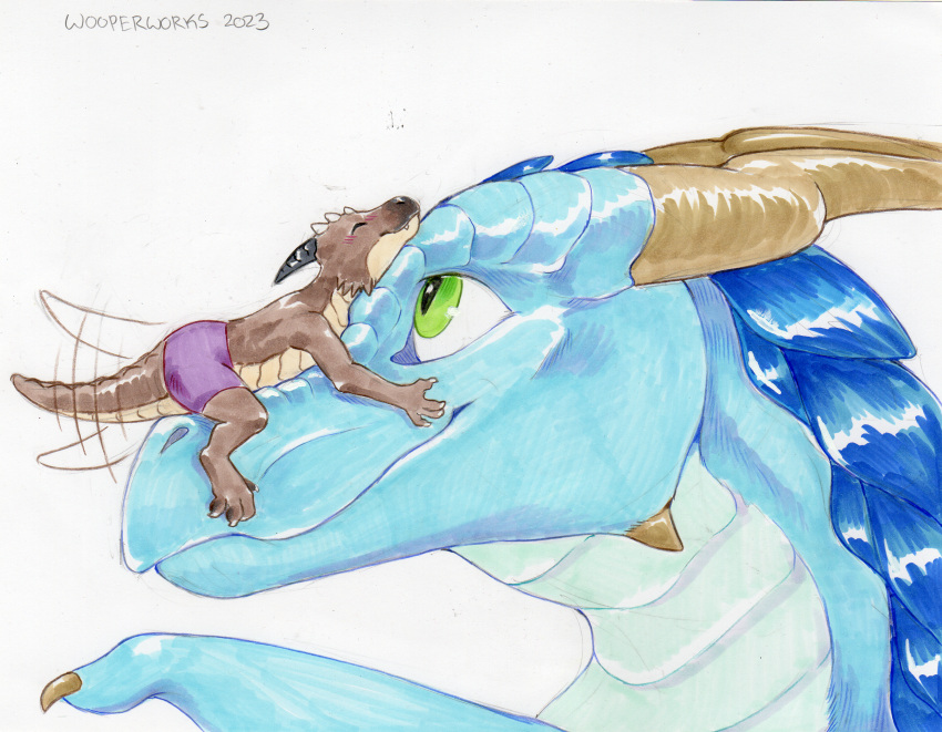 2023 absurd_res anthro blue_body blue_scales bottomwear brown_body brown_scales bryce_daeless cheek_horn claws closed_eyes clothing countershading cute_fangs dragon duo face_hugging feral green_eyes hi_res horn hug hugging_head kian_(doesnotexist) kobold male mythological_creature mythological_scalie mythology pupils scales scalie shorts size_difference slit_pupils smile tail tail_motion tailwag tan_body tan_scales toe_claws traditional_media_(artwork) wooperworks