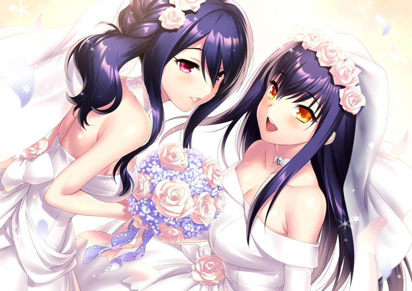 2022 2girls :d alternate_costume back bare_shoulders black_hair blush bouquet breasts bridal_gauntlets cleavage collarbone commentary_request company_connection crossover dated dress dutch_angle eyelashes floating_hair flower hair_between_eyes hair_flower hair_ornament highres holding holding_bouquet izanami_kyouko kamisama_ni_natta_hi key_(company) kushima_kamome large_breasts lips long_hair look-alike looking_at_viewer multiple_girls open_mouth pink_eyes pink_flower pink_rose rose round_teeth second-party_source sidelocks simple_background skull_ornament smile sparkle straight_hair strapless strapless_dress summer_pockets teeth upper_body upper_teeth_only very_long_hair wavy_hair wedding_dress white_background white_dress yellow_eyes zen_(kamuro)