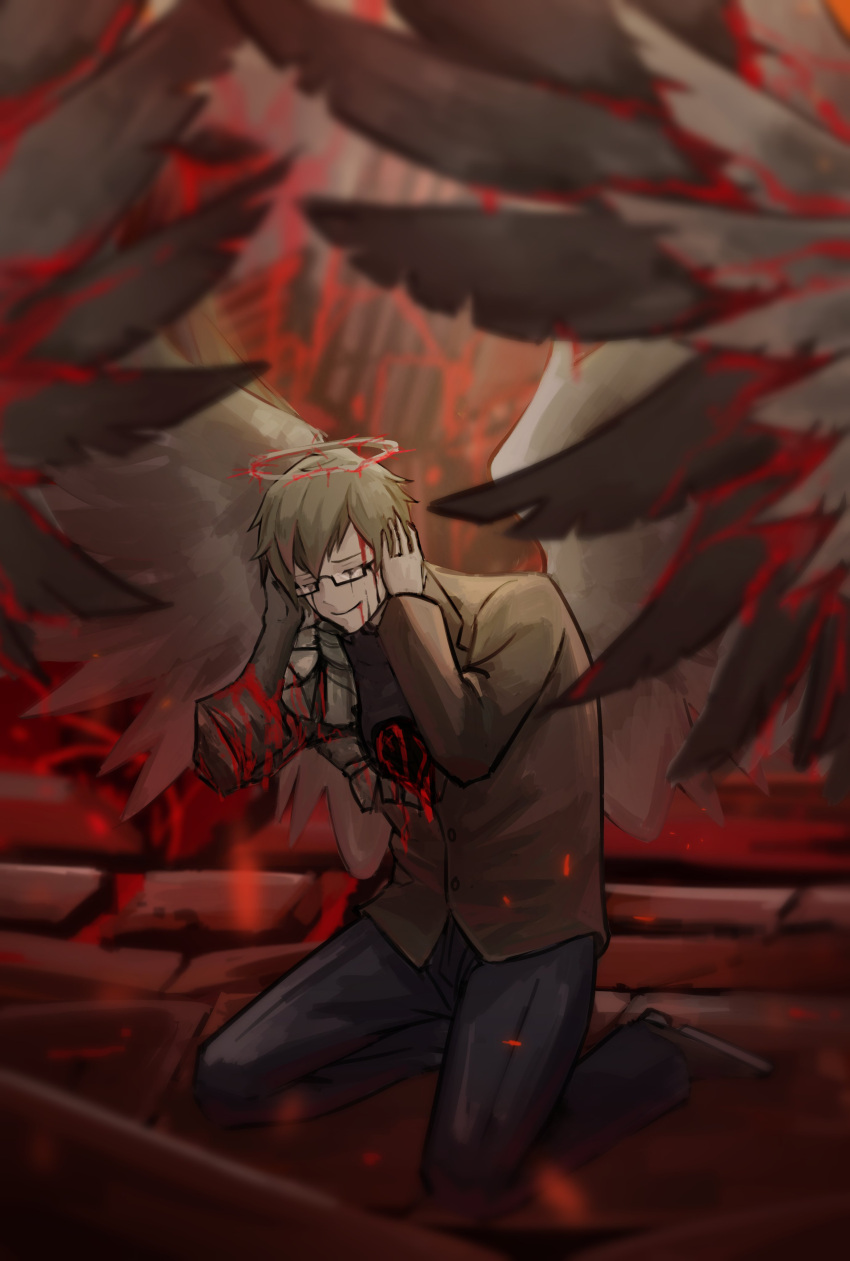 1boy absurdres blood blood_on_clothes bloody_wings blue_pants brown_footwear closed_eyes closed_mouth e.g.o_(project_moon) glasses grey_hair grey_jacket grey_wings halo highres hole_in_chest hole_on_body jacket kneeling library_of_ruina loafers long_sleeves male_focus pants philip_(project_moon) project_moon ruiieru shoes sitting smile solo wings