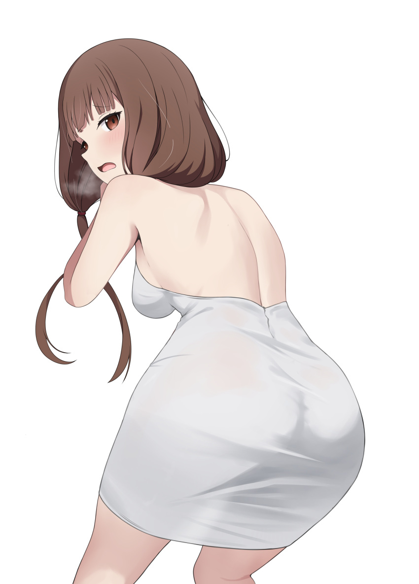 absurdres ass backless_dress backless_outfit bare_shoulders blush breasts brown_eyes brown_hair commentary coro_fae dress female highres iino_miko kaguya-sama_wa_kokurasetai_~tensai-tachi_no_renai_zunousen~ long_hair looking_at_viewer looking_back low_twintails medium_breasts open_mouth pencil_dress sideboob simple_background sleeveless sleeveless_dress solo twintails white_background white_dress