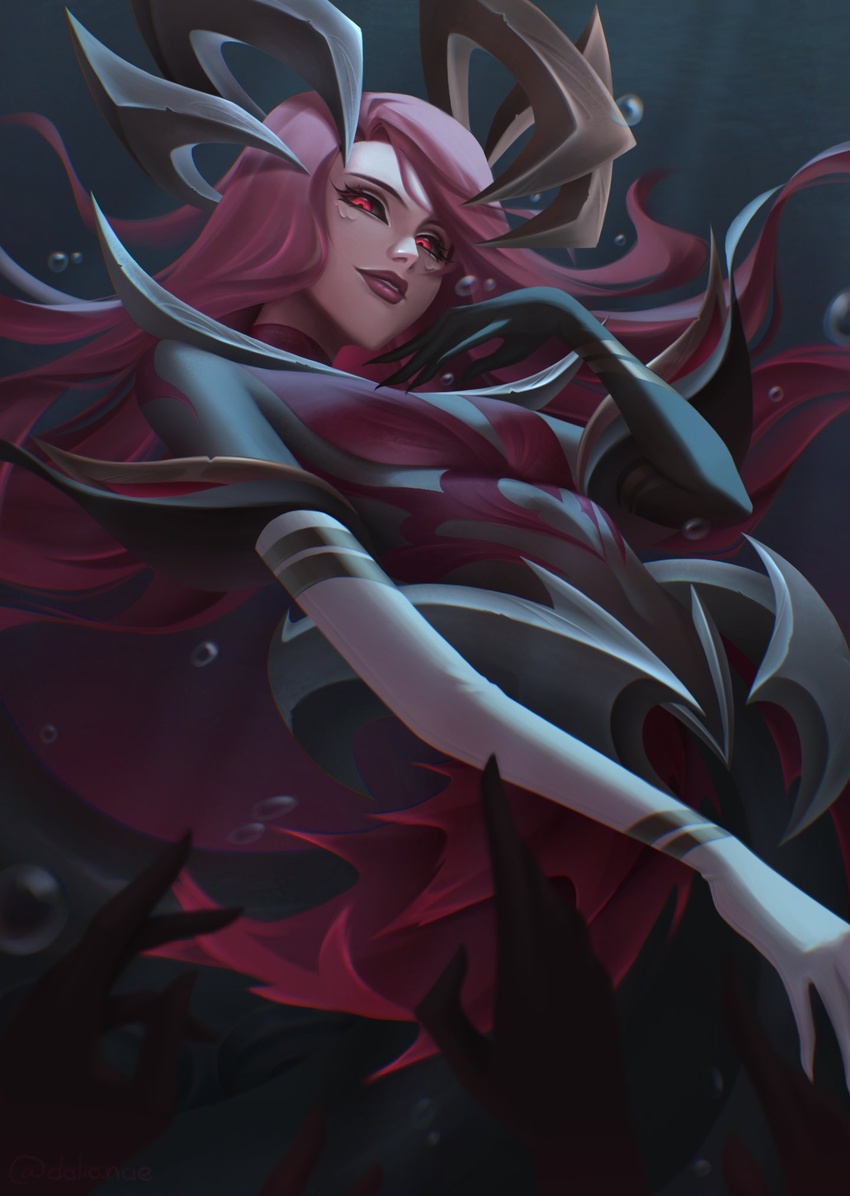 air_bubble black_gloves black_sclera breasts bubble colored_sclera coven_nami dani_(dalianae) elbow_gloves female from_below gloves highres league_of_legends long_hair looking_at_viewer looking_down medium_breasts monster_girl nami_(league_of_legends) parted_lips pink_hair red_eyes scylla smile solo teeth underwater white_gloves