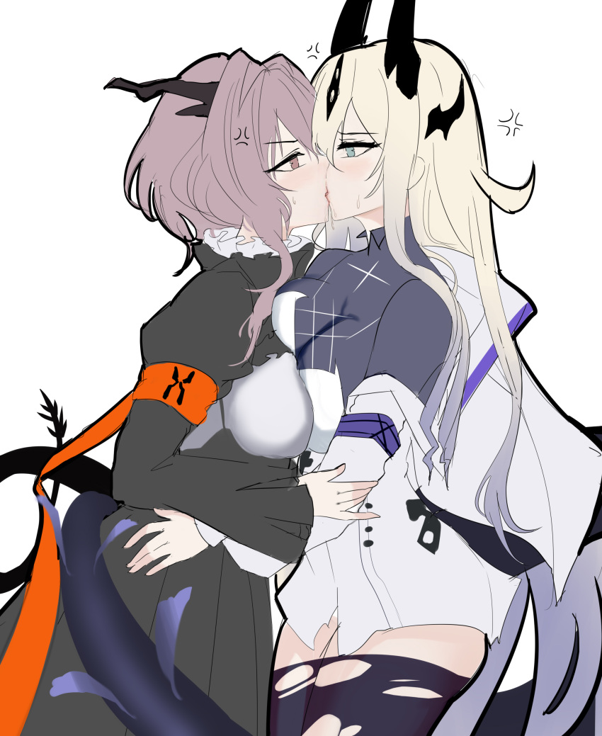 2girls absurdres anger_vein arknights armband black_horns black_thighhighs blonde_hair blush breasts brown_horns commentary cowboy_shot dragon_girl dragon_horns dragon_tail eblana_(arknights) eye_contact from_side grabbing green_eyes grey_hair hair_between_eyes hair_ornament highres horns hug jacket kissing long_hair long_sleeves looking_ahead looking_at_another medium_breasts medium_hair mikuning multiple_girls off_shoulder open_clothes open_jacket orange_armband orange_eyes purple_armband shirt simple_background standing sweat tail talulah_(arknights) thighhighs torn_clothes torn_thighhighs white_background yuri