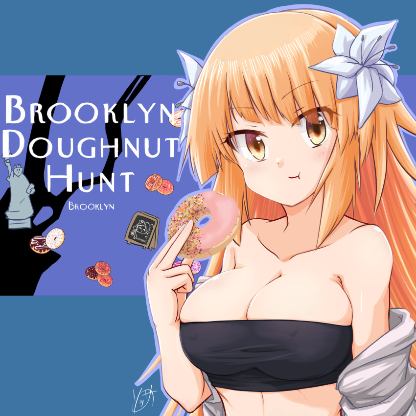 bare_shoulders blonde_hair breasts brooklyn_(kancolle) cleavage collarbone doughnut eating english_text female flower food gradient_eyes hair_flower hair_ornament highres holding holding_doughnut holding_food kantai_collection long_hair looking_at_viewer multicolored_eyes solo sosser statue_of_liberty upper_body