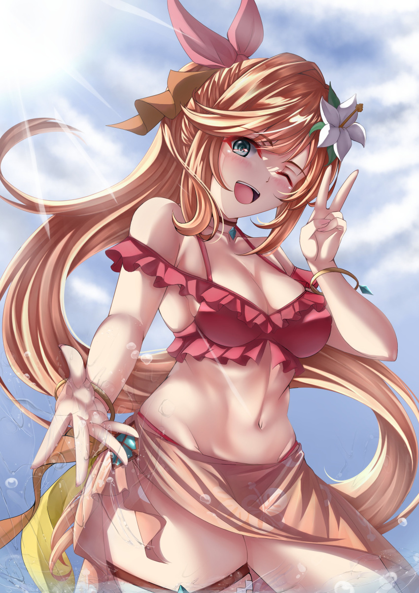 absurdres bikini brown_hair clarisse_(granblue_fantasy) clarisse_(summer)_(granblue_fantasy) female granblue_fantasy highres long_hair one_eye_closed ponytail red_bikini red_ribbon ribbon smile solo swimsuit v yousi