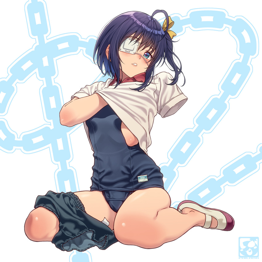 ahoge blue_buruma blue_eyes blue_hair blue_one-piece_swimsuit blush buruma buruma_around_one_leg chuunibyou_demo_koi_ga_shitai! clothes_lift clothes_pull eyepatch female gym_shirt gym_uniform hair_ribbon highres looking_at_viewer medical_eyepatch old_school_swimsuit one-piece_swimsuit one_side_up open_mouth pairan pulling_own_clothes ribbon school_swimsuit shirt shirt_lift shoes short_hair short_sleeves sitting solo swimsuit swimsuit_under_clothes takanashi_rikka undressing uwabaki wariza white_shirt