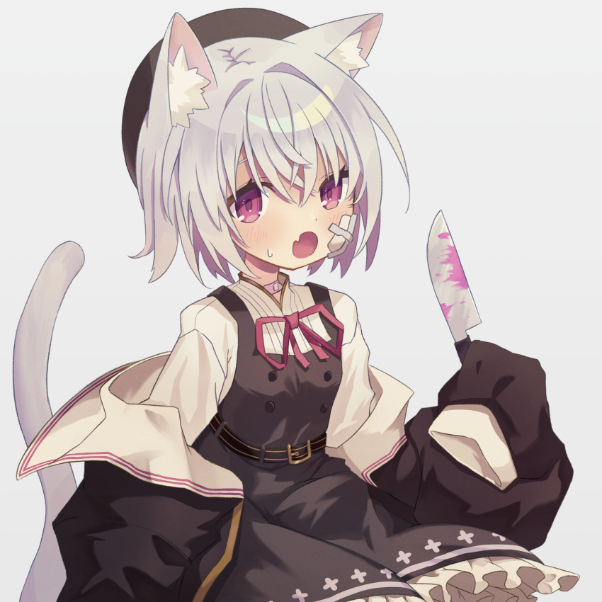 :o absurdres animal_ear_fluff animal_ears bandaid bandaid_on_neck belt beret black_dress black_hat black_jacket blood blood_on_knife blush cat_ears cat_girl cat_tail commentary_request cowboy_shot dress female gasao gauze_on_cheek grey_background grey_hair hat highres holding holding_knife jacket jacket_partially_removed knife long_sleeves looking_at_viewer neck_ribbon oerba_yun_fang open_mouth petticoat pinafore_dress pink_blood pink_eyes pink_ribbon ribbon sailor_collar sayo_(voicevox) shirt short_hair simple_background skin_fang sleeveless sleeveless_dress sleeves_past_fingers sleeves_past_wrists solo sweatdrop tail voicevox white_sailor_collar white_shirt